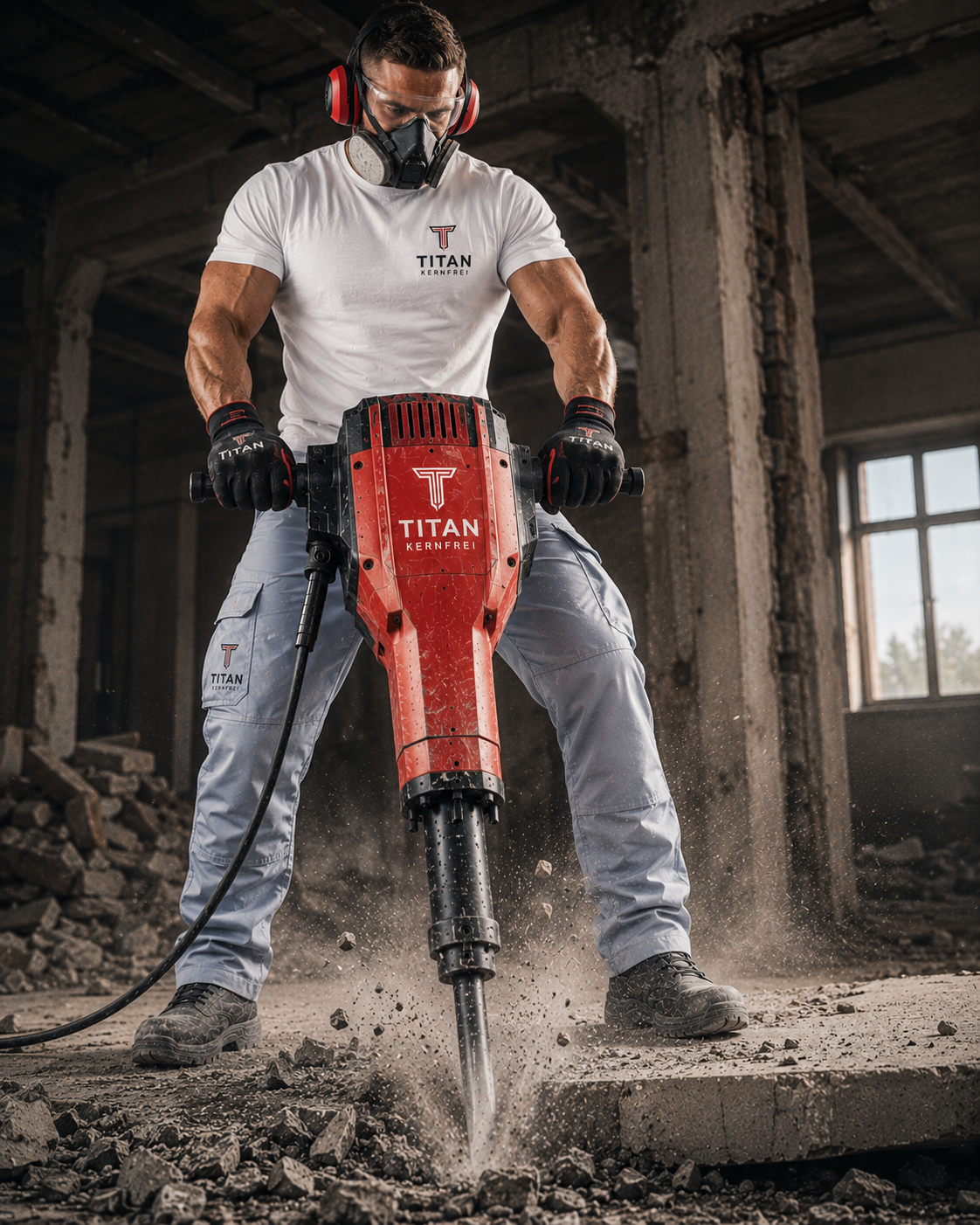 TITAN Kernfrei Brandmotiv mit Arbeiter und Abbruchhammer